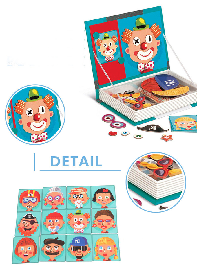 OEM ใบหน้าบ้า หนังสือแม่เหล็ก ไม้ Jigsaw ปริศนากล่องเล่นสําหรับเด็ก 3 ปี เด็ก 1